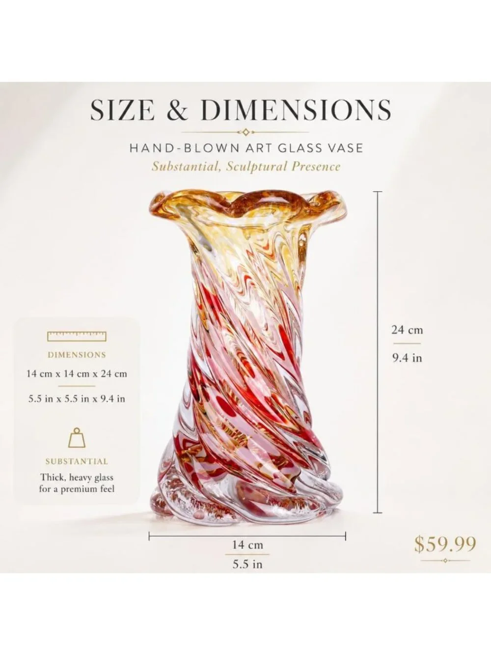 Hand Blown Art Glass Vase - Large Swirl Teardrop Design, Modern Home Decor